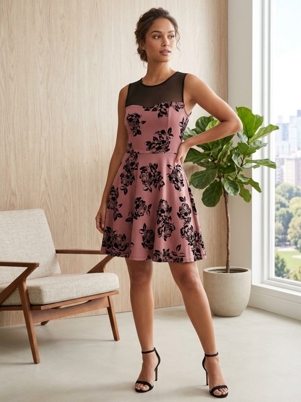 Trixxi Rose Pink and Black Floral Mesh Yoke Fit & Flare Mini Dress